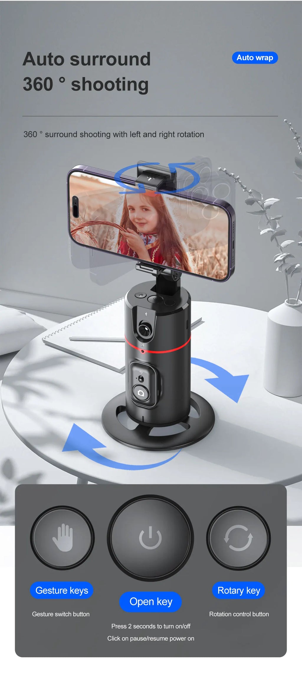 Auto Face Tracking Phone Stand — 360° Rotation for Vlogging & Live Streaming