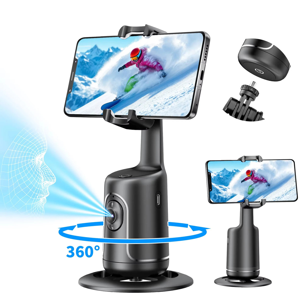 360° AI Gimbal Stabilizer with Auto Face Tracking — Phone Stand for YouTube & Live Video