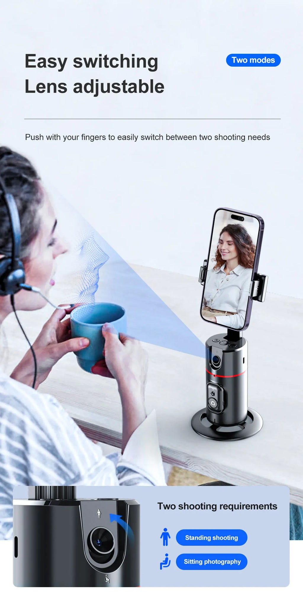 Auto Face Tracking Phone Stand — 360° Rotation for Vlogging & Live Streaming